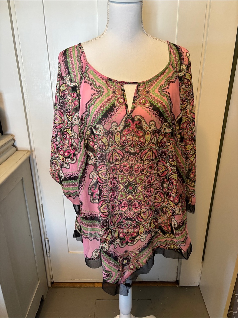 Unique Spectrum Pink Paisley Medallion Tunic with Green and Black Accents